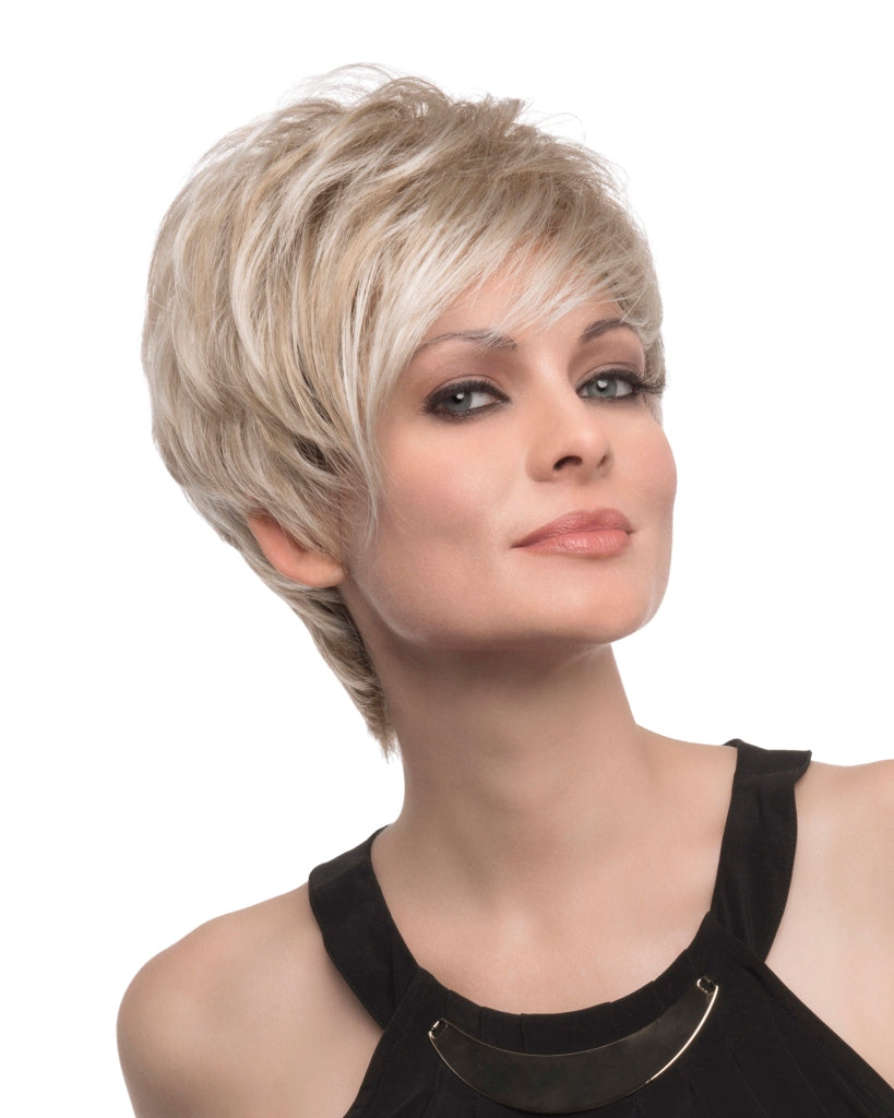front side of a short Kinner Beauty Wigs wig on woman head