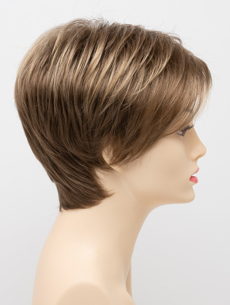 profile side of a short Kinner Beauty Wigs wig on woman head