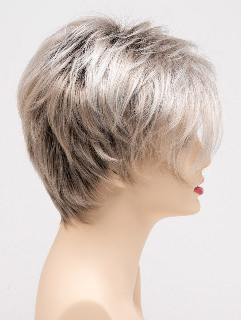 profile side of a short Kinner Beauty Wigs wig on woman head