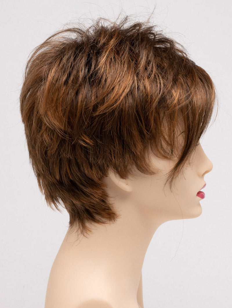profile side of a short Kinner Beauty Wigs wig on woman head