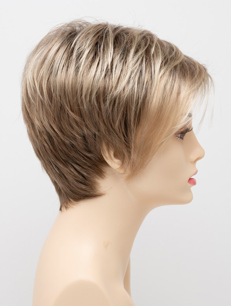 profile side of a short Kinner Beauty Wigs wig on woman head