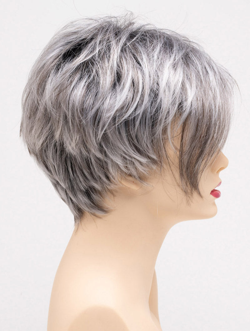 profile side of a short Kinner Beauty Wigs wig on woman head
