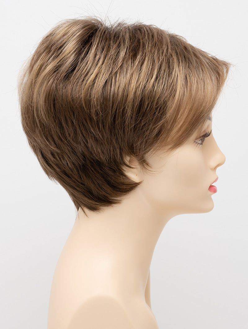 profile side of a short Kinner Beauty Wigs wig on woman head