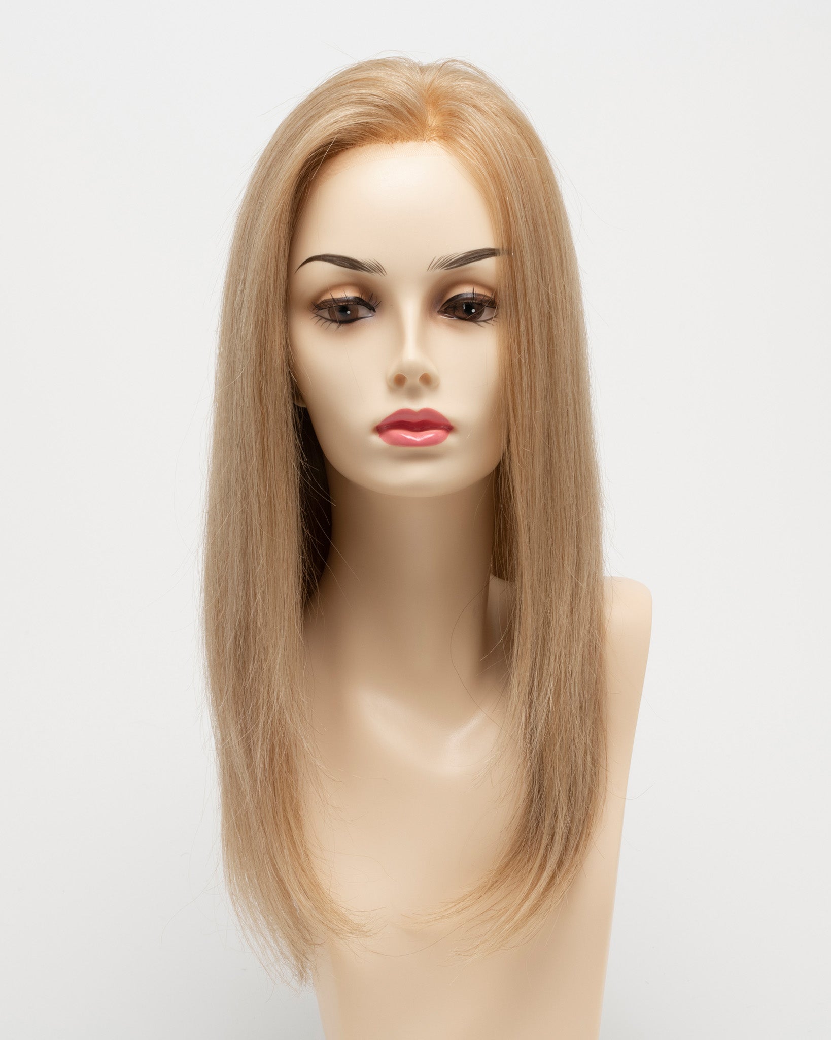front side of a long Kinner Beauty Wigs wig for woman on mannequin head