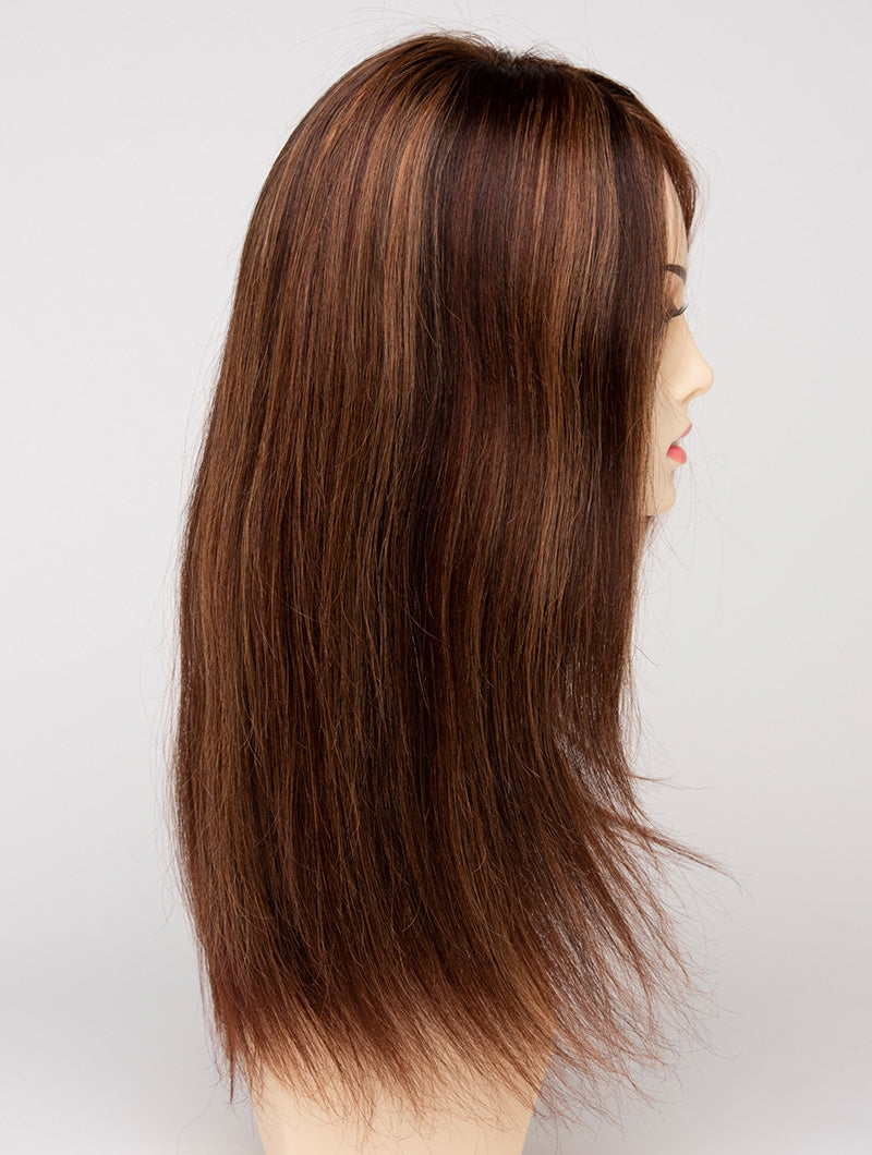profile side of a long Kinner Beauty Wigs wig for woman on mannequin head