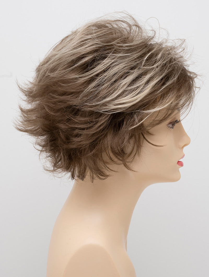 profile side of a short Kinner Beauty Wigs wig on woman head