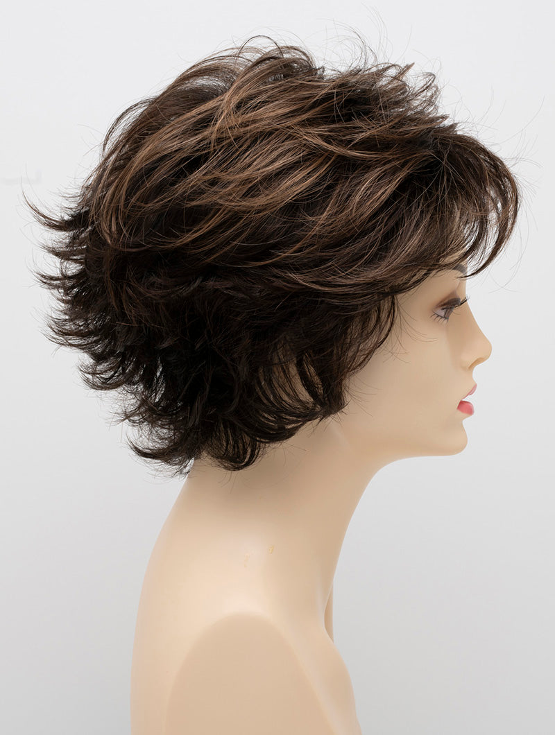 profile side of a short Kinner Beauty Wigs wig on woman head