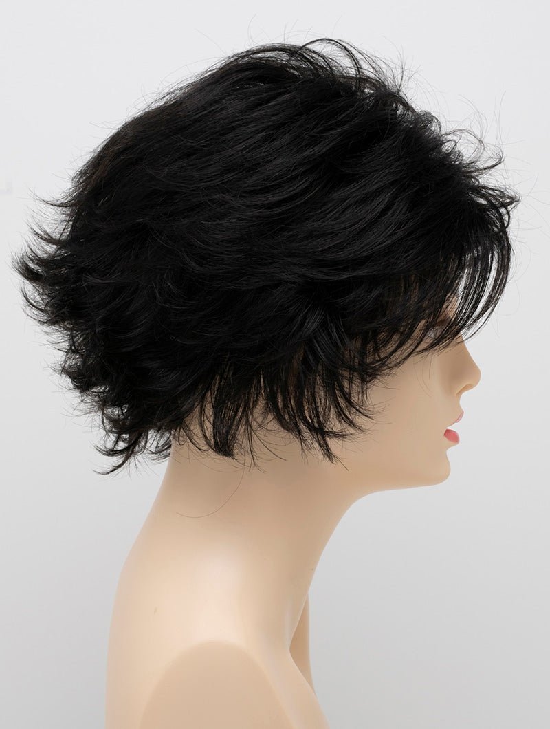 profile side of a short Kinner Beauty Wigs wig on woman head