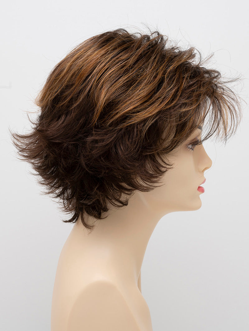 profile side of a short Kinner Beauty Wigs wig on woman head