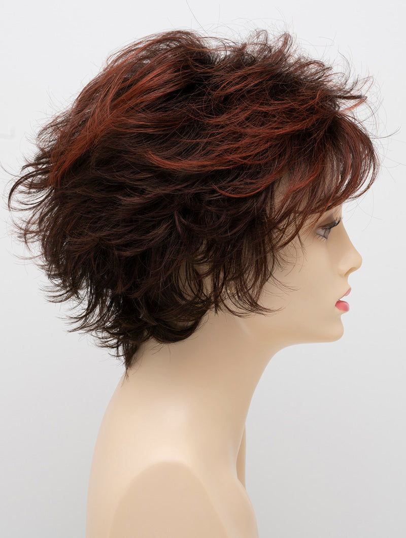 profile side of a short Kinner Beauty Wigs wig on woman head