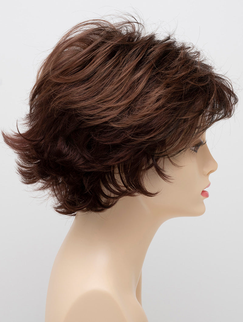 profile side of a short Kinner Beauty Wigs wig on woman head