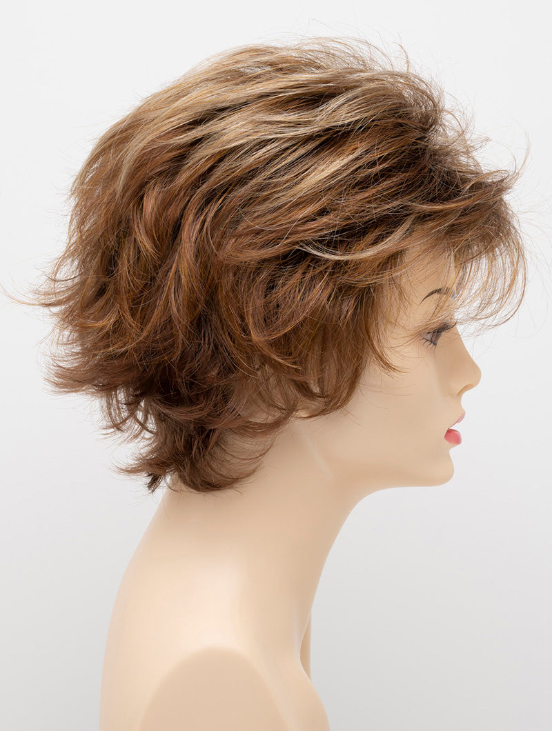 profile side of a short Kinner Beauty Wigs wig on woman head