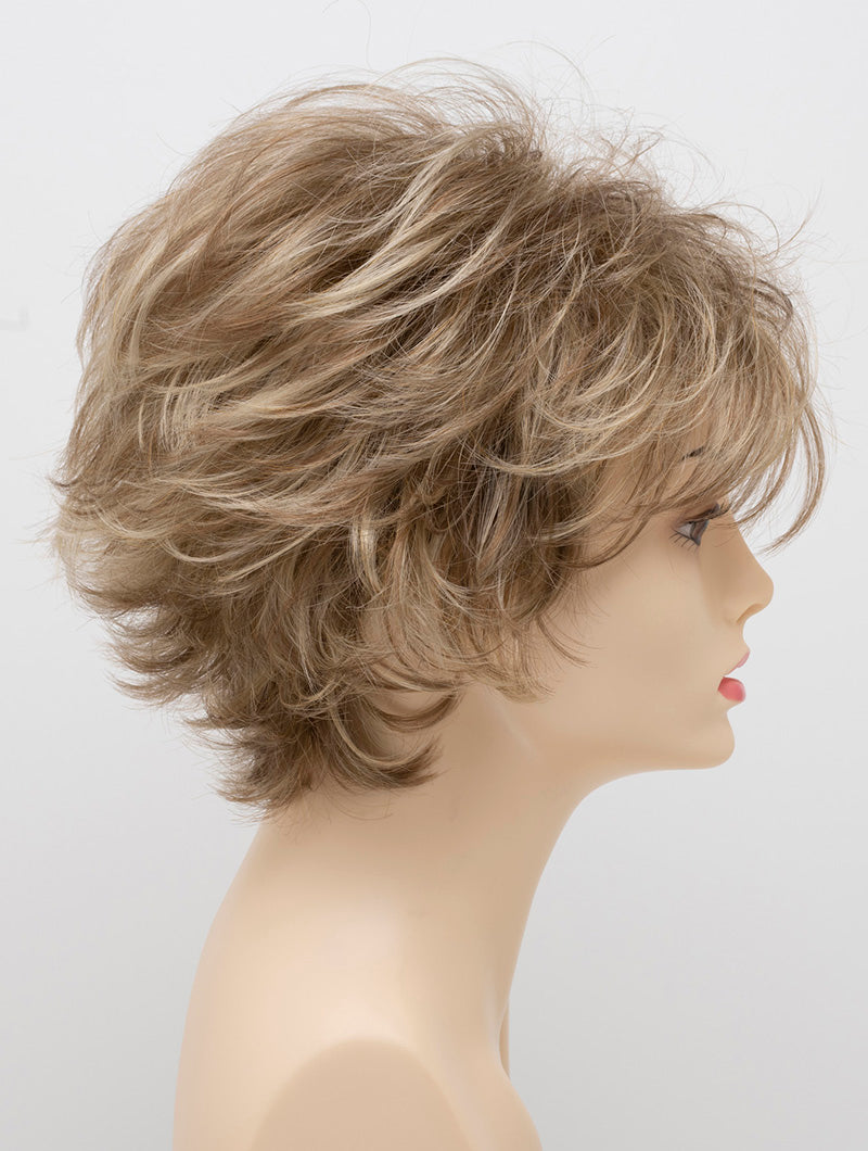 profile side of a short Kinner Beauty Wigs wig on woman head