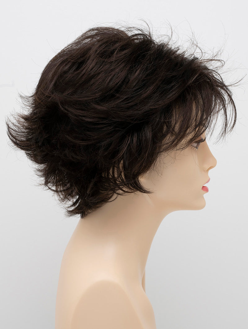 profile side of a short Kinner Beauty Wigs wig on woman head