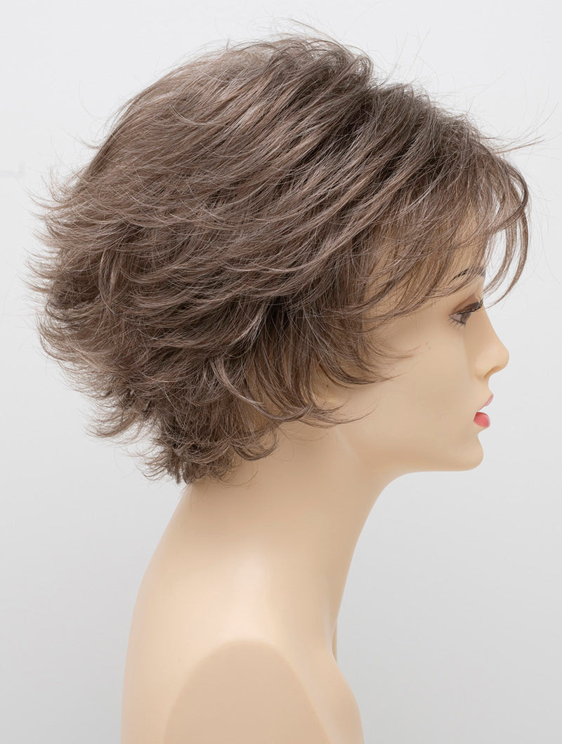 profile side of a short Kinner Beauty Wigs wig on woman head