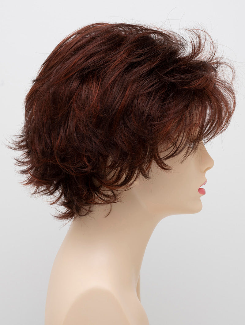 profile side of a short Kinner Beauty Wigs wig on woman head