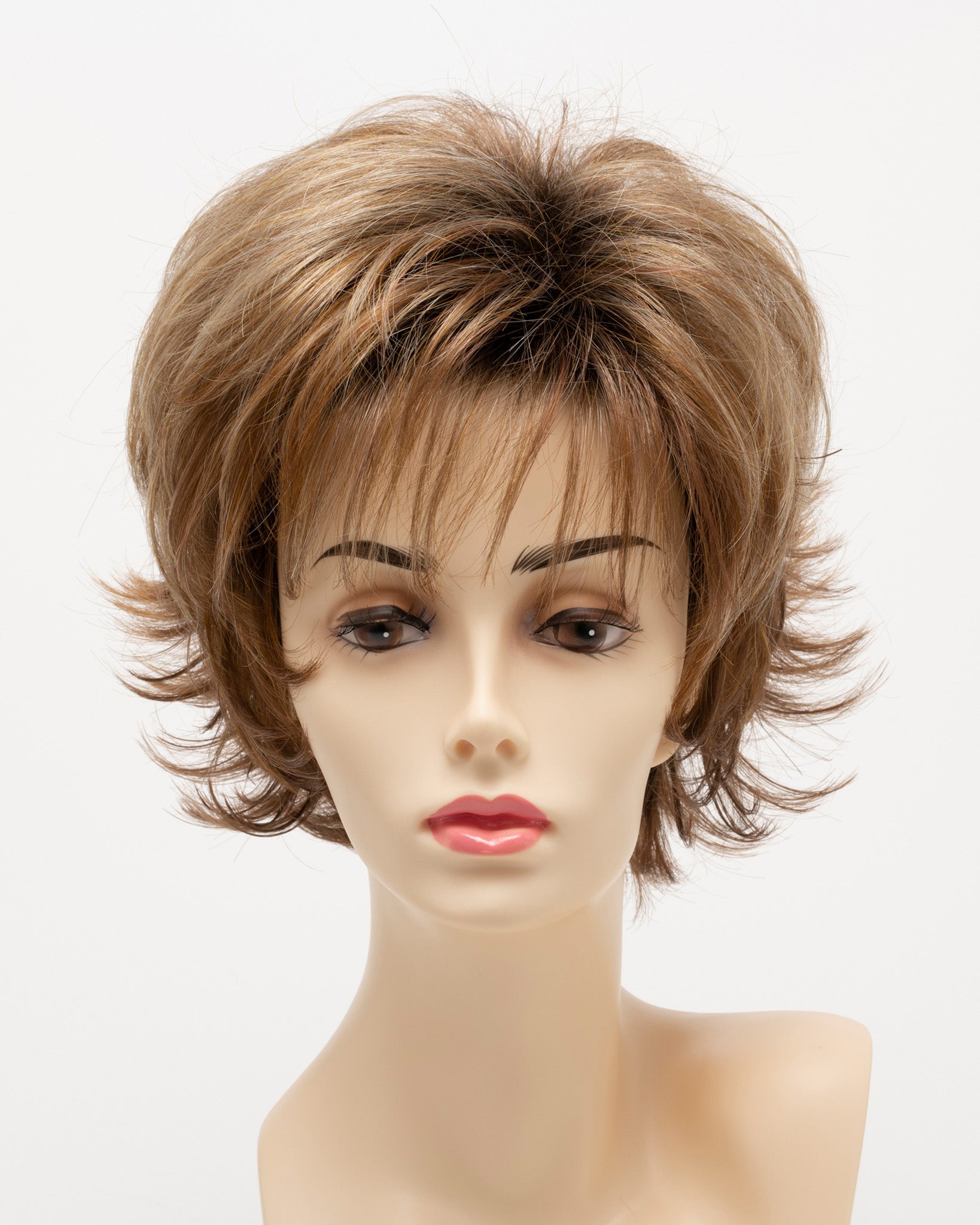 front side of a short Kinner Beauty Wigs wig for woman on mannequin head