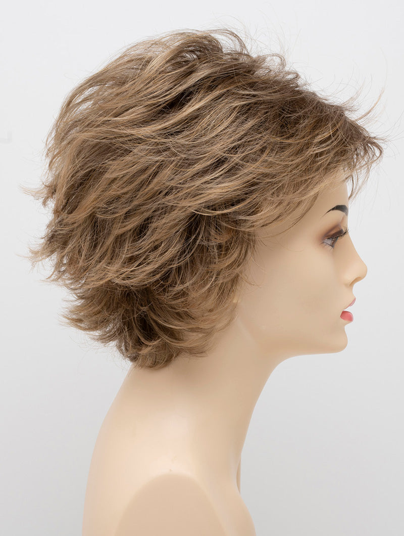 profile side of a short Kinner Beauty Wigs wig on woman head