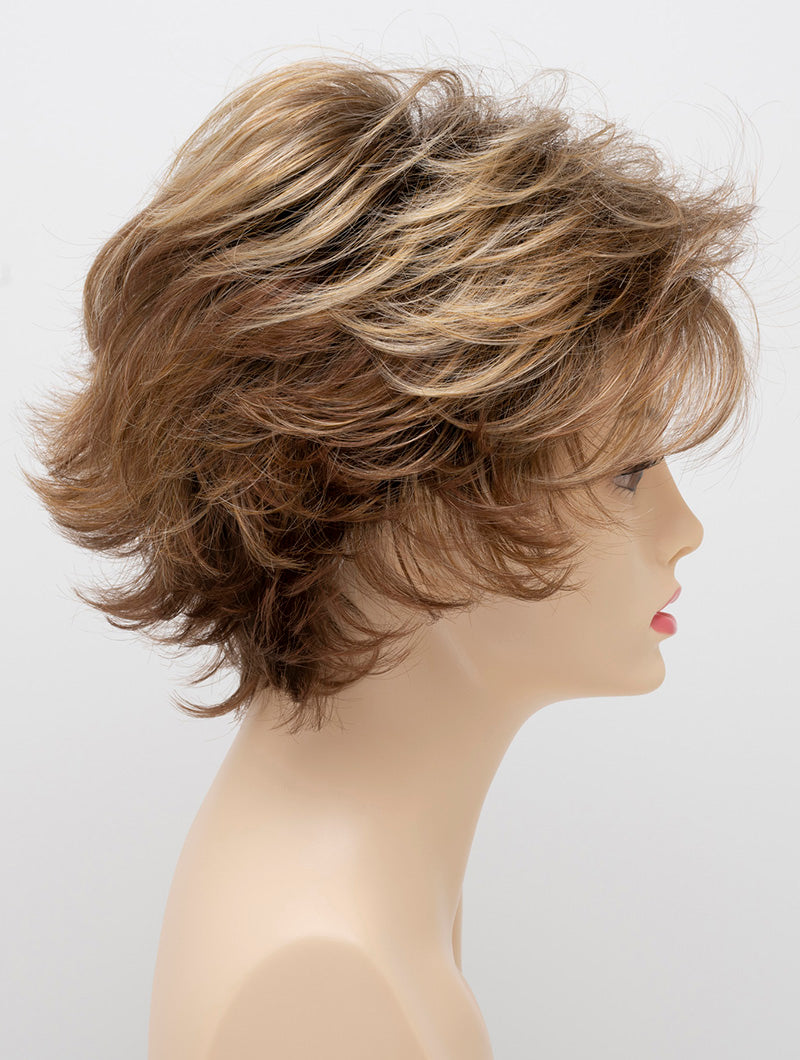 profile side of a short Kinner Beauty Wigs wig on woman head