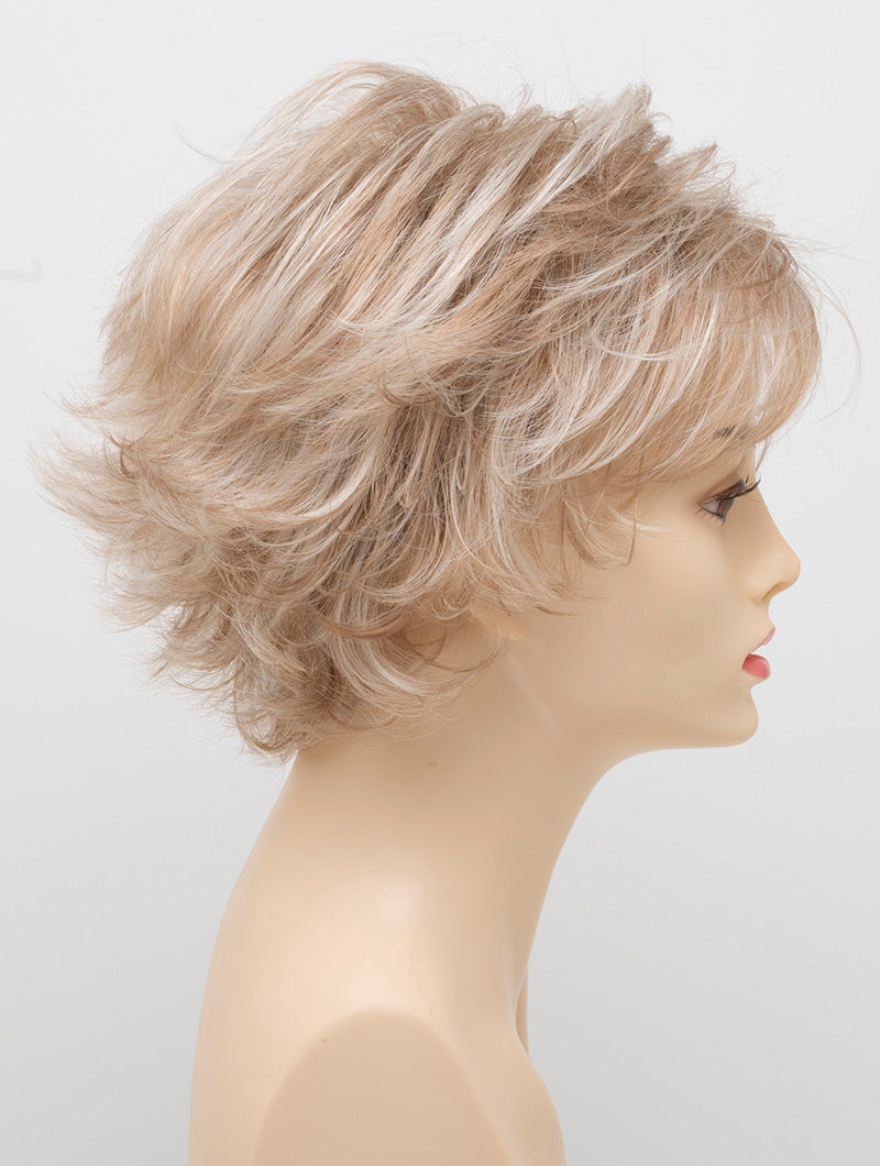 profile side of a short Kinner Beauty Wigs wig on woman head