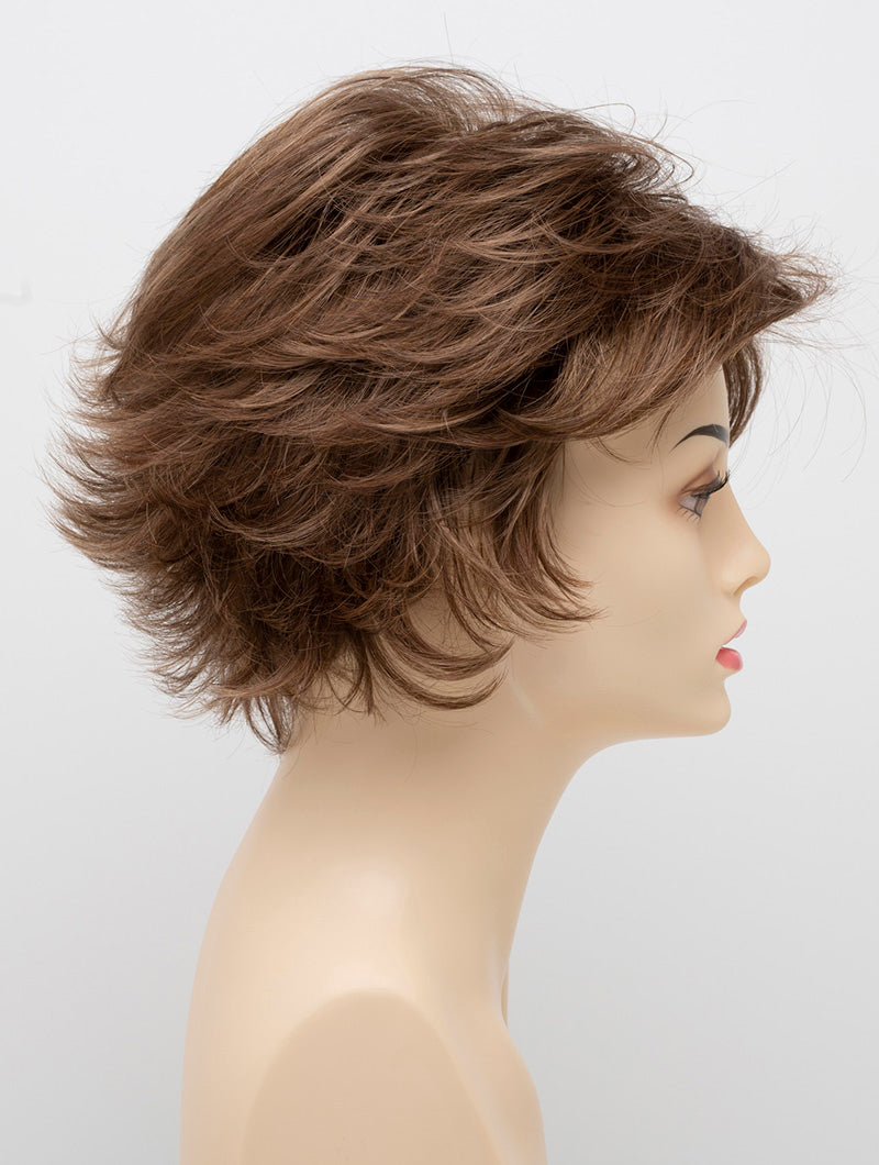 profile side of a short Kinner Beauty Wigs wig on woman head