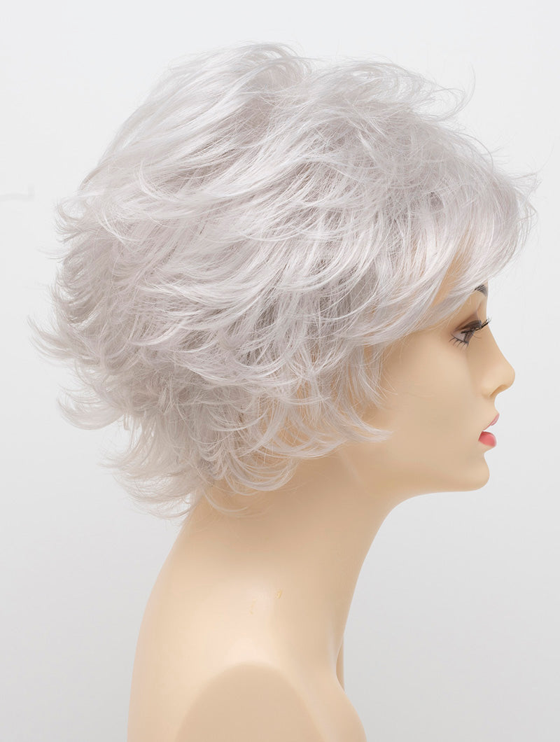 profile side of a short Kinner Beauty Wigs wig on woman head