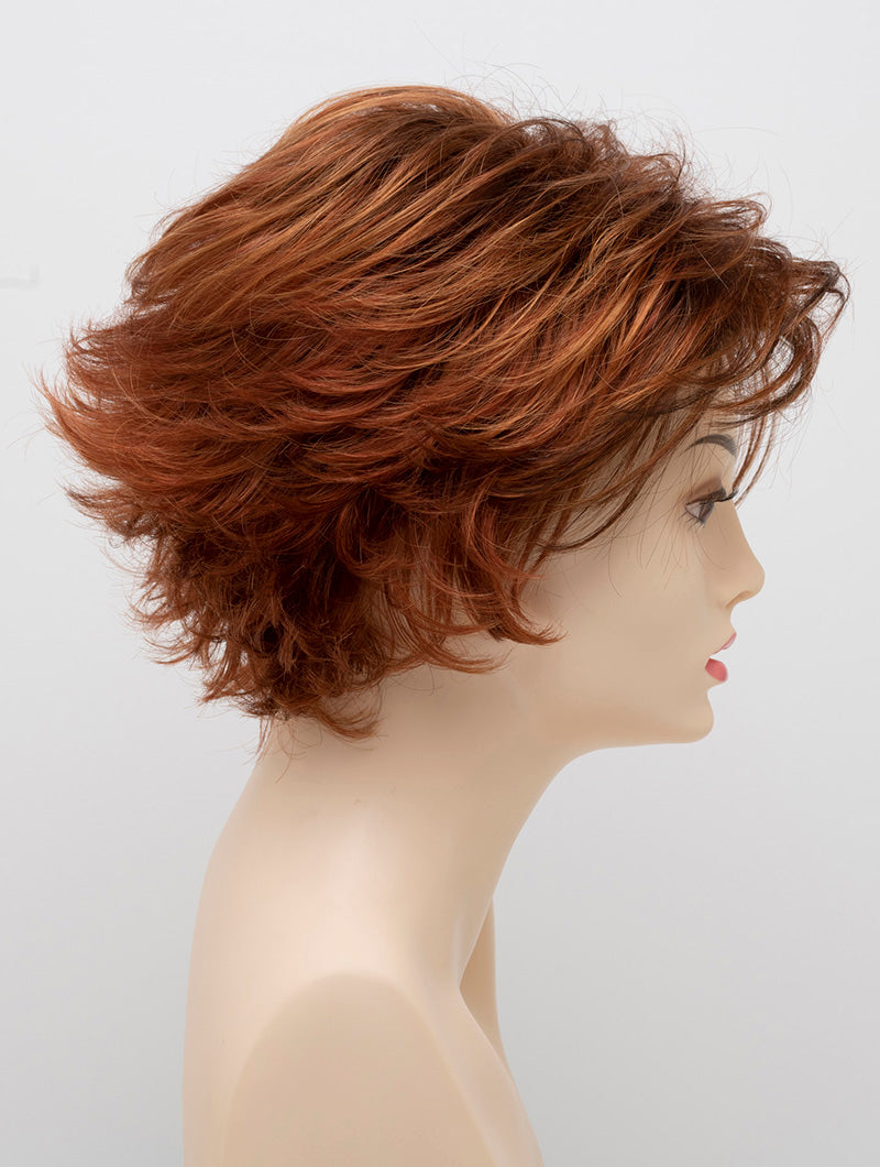 profile side of a short Kinner Beauty Wigs wig on woman head