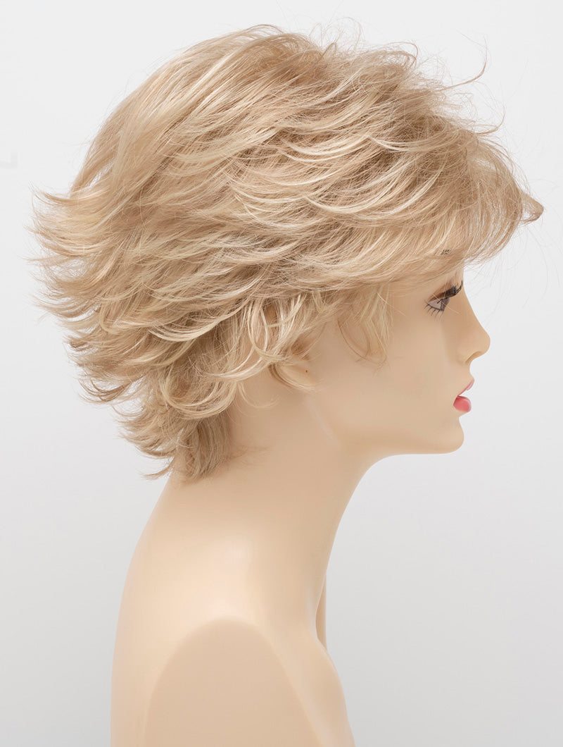 profile side of a short Kinner Beauty Wigs wig on woman head