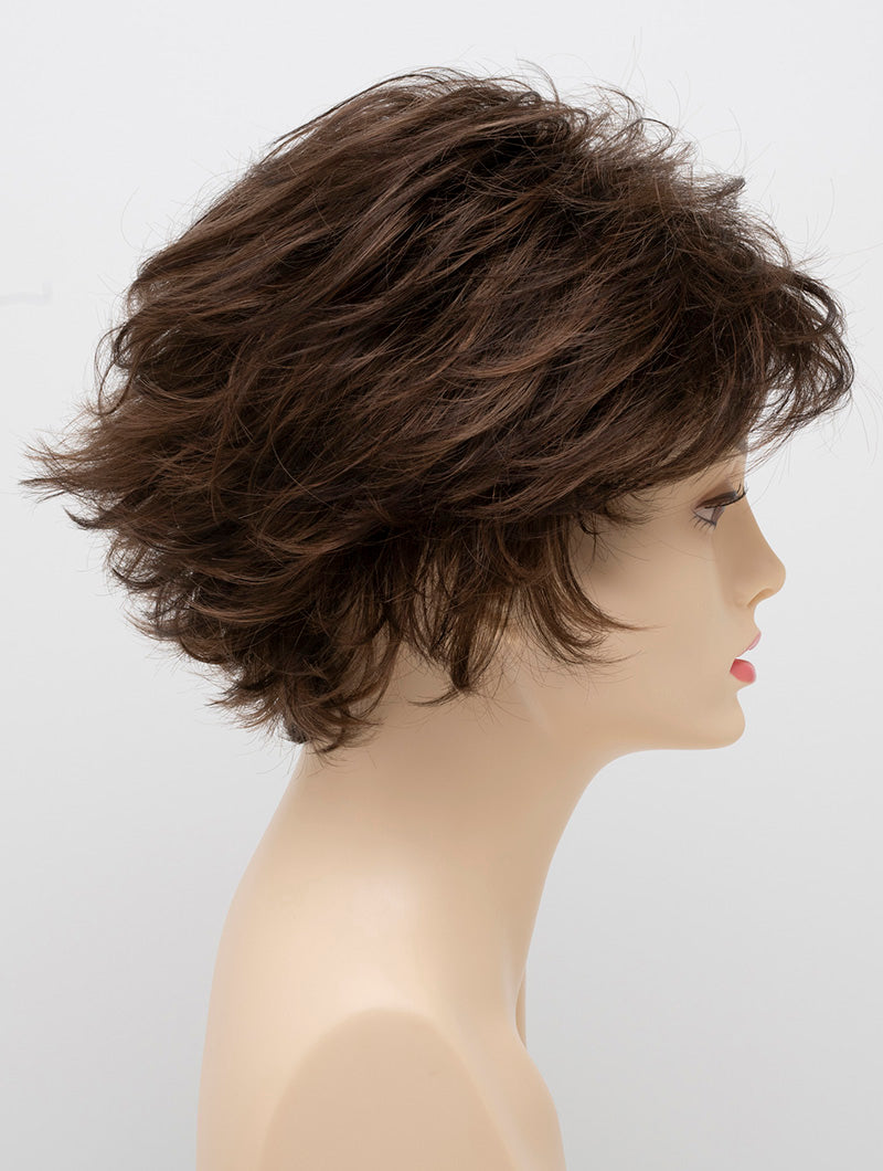 profile side of a short Kinner Beauty Wigs wig on woman head