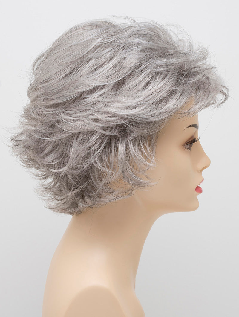 profile side of a short Kinner Beauty Wigs wig on woman head