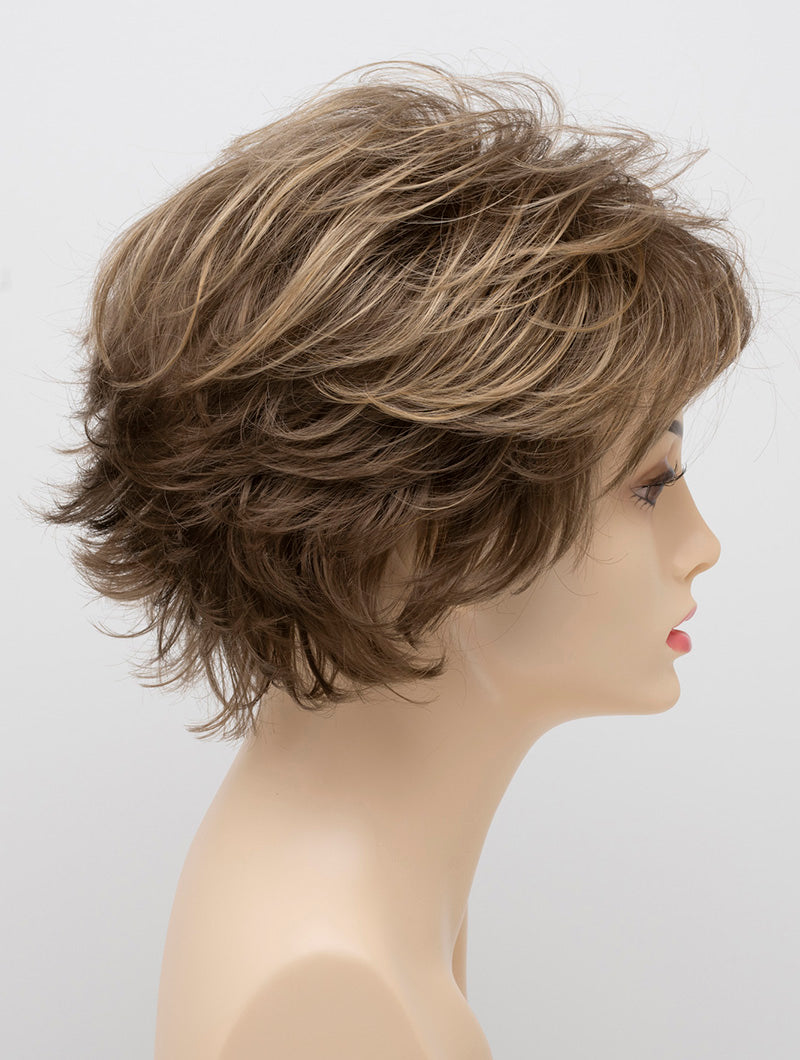 profile side of a short Kinner Beauty Wigs wig on woman head