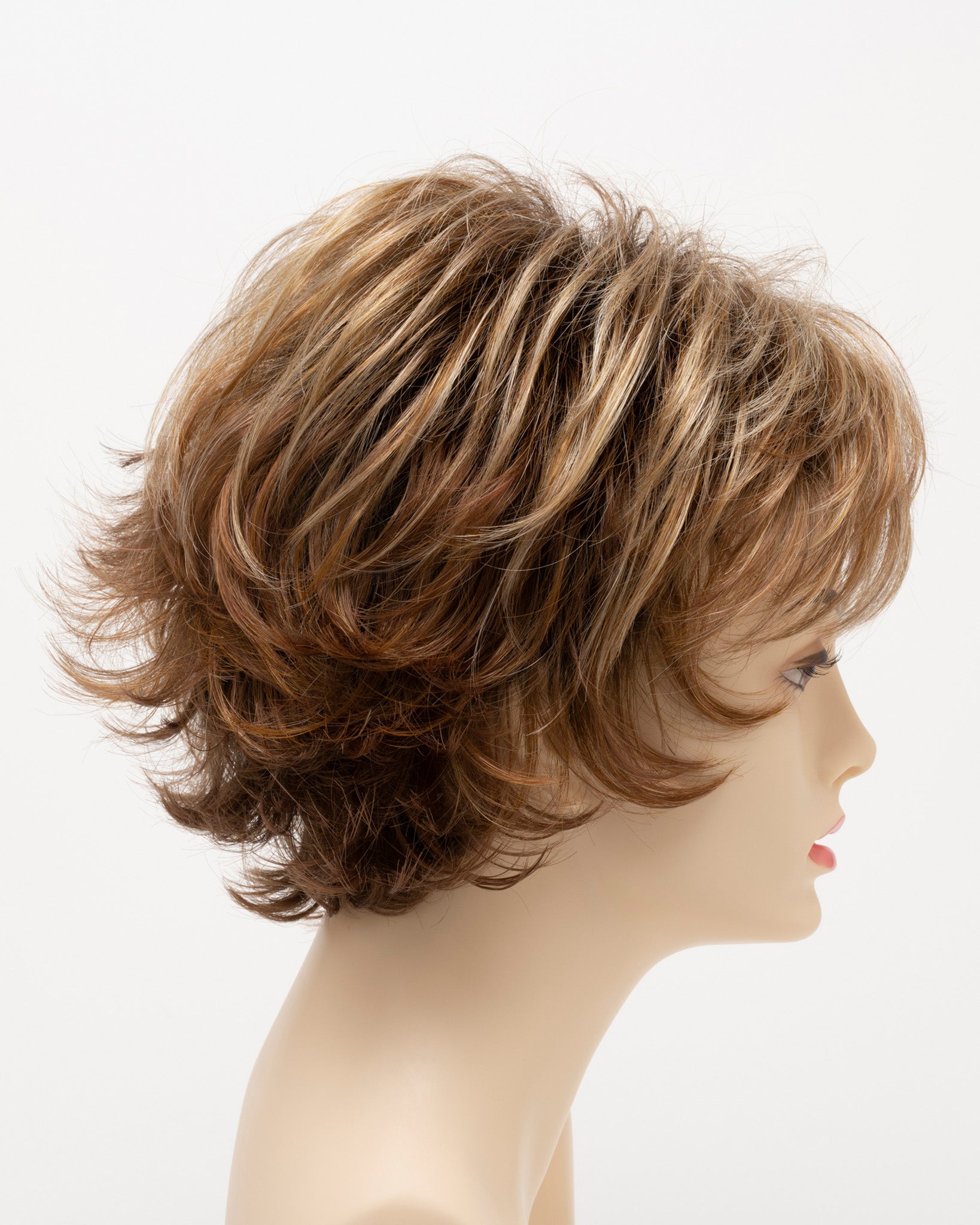 profile side of a short Kinner Beauty Wigs wig on woman head