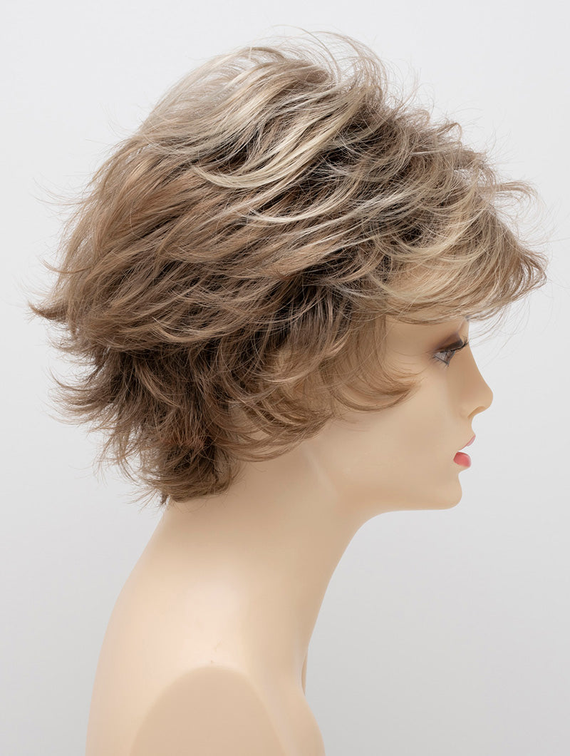 profile side of a short Kinner Beauty Wigs wig on woman head
