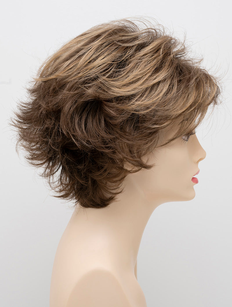 profile side of a short Kinner Beauty Wigs wig on woman head