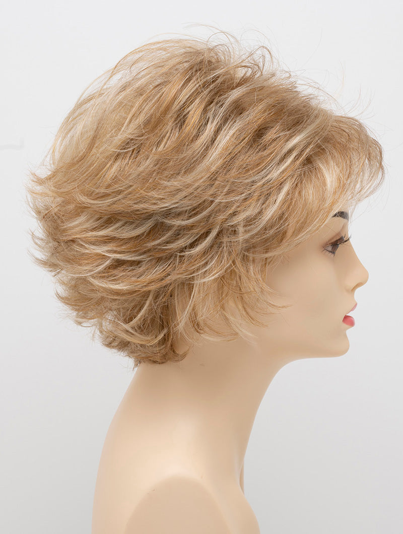 profile side of a short Kinner Beauty Wigs wig on woman head