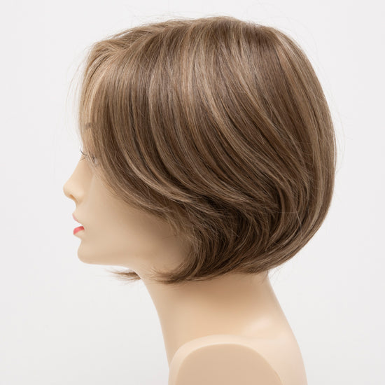 profile side of a short Kinner Beauty Wigs wig for woman on mannequin head 