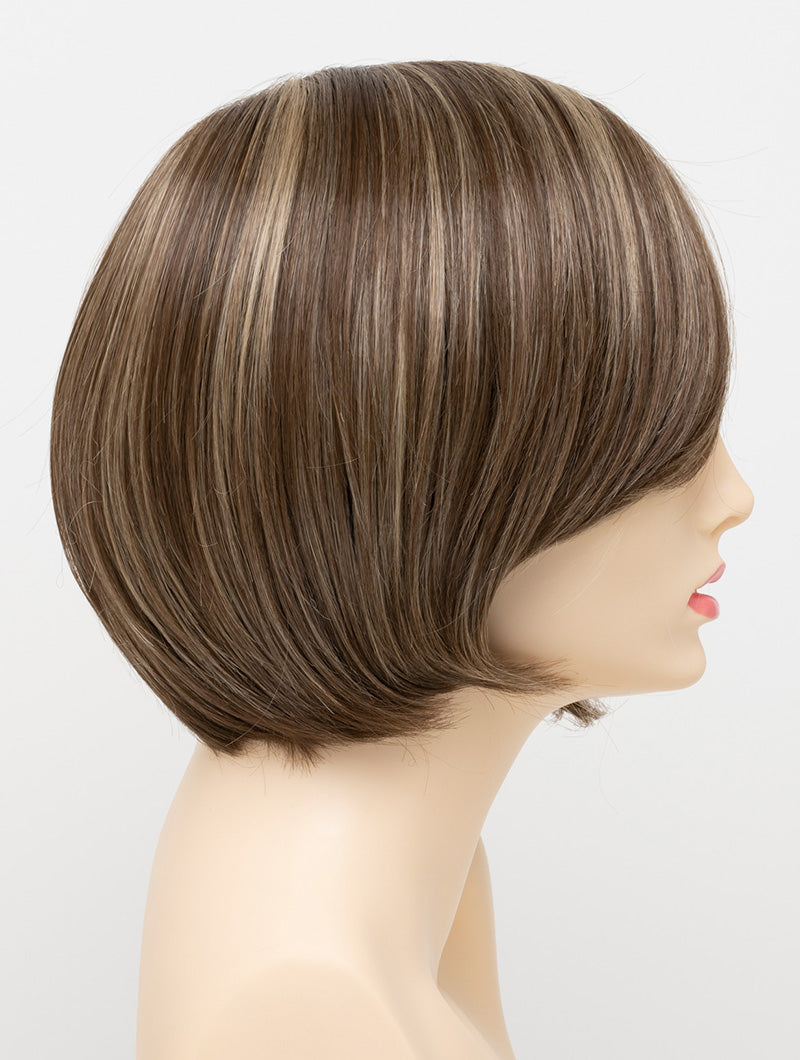 profile side of a short Kinner Beauty Wigs wig for woman on mannequin head 