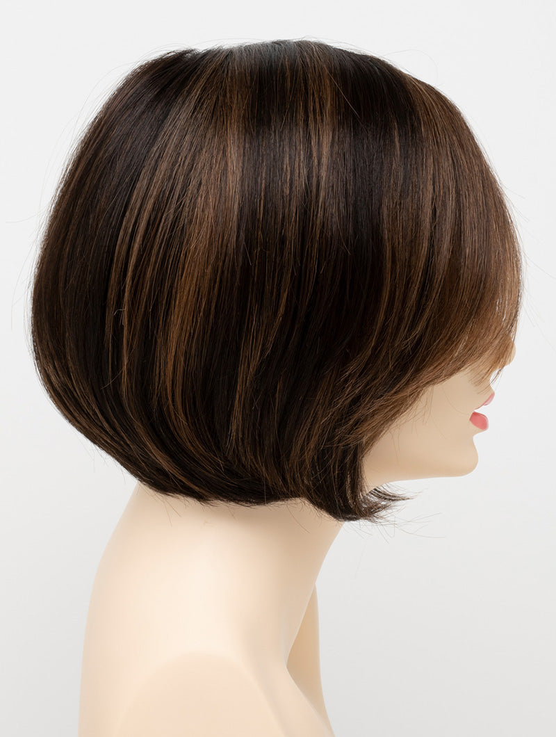 profile side of a short Kinner Beauty Wigs wig for woman on mannequin head 