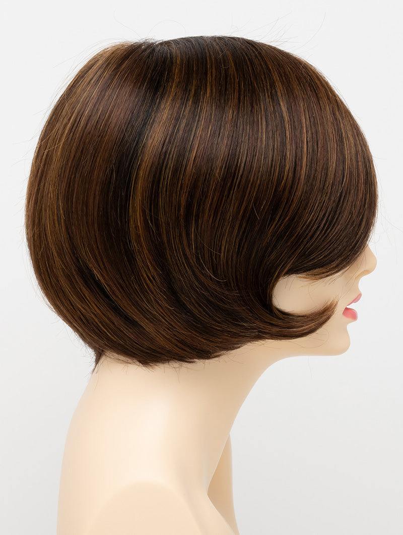 profile side of a short Kinner Beauty Wigs wig for woman on mannequin head 