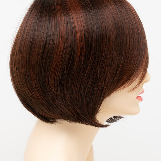 profile side of a short Kinner Beauty Wigs wig for woman on mannequin head 