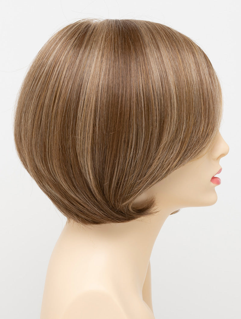 profile side of a short Kinner Beauty Wigs wig for woman on mannequin head 