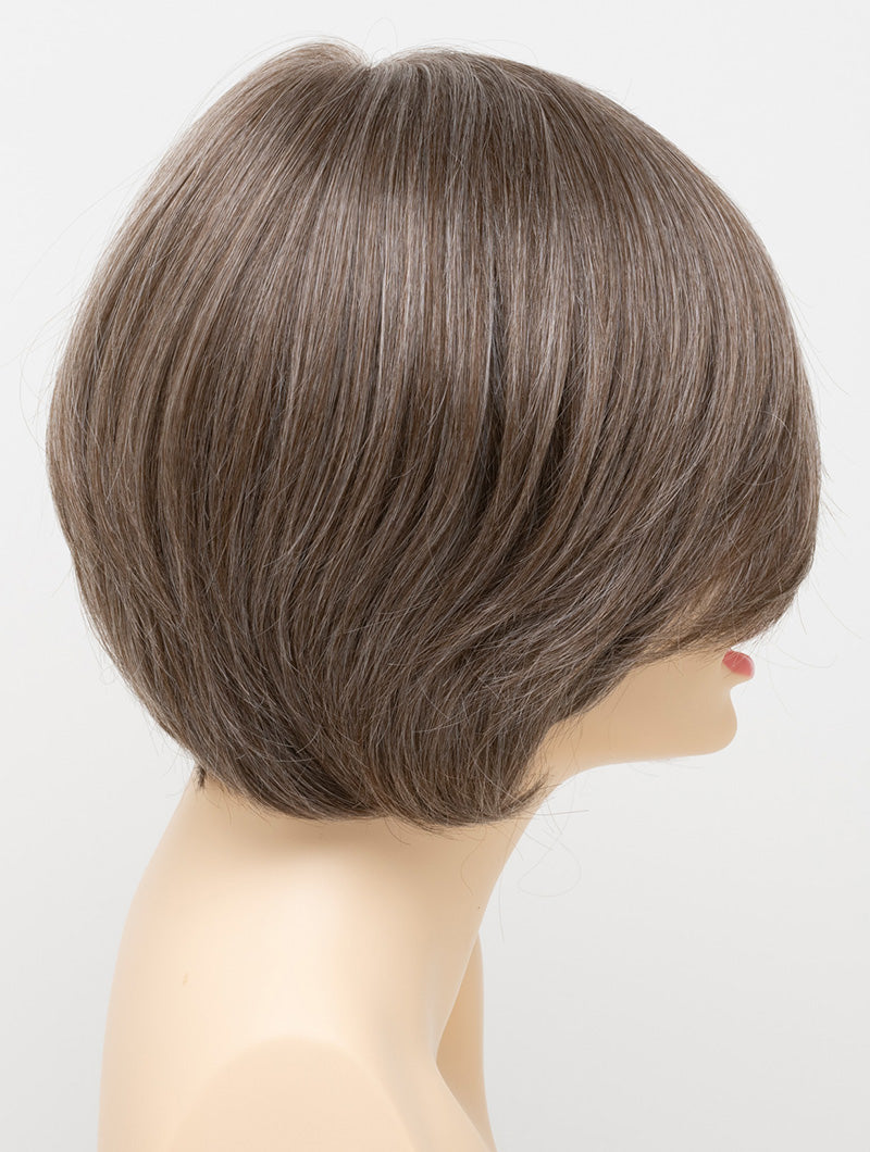 profile side of a short Kinner Beauty Wigs wig for woman on mannequin head 