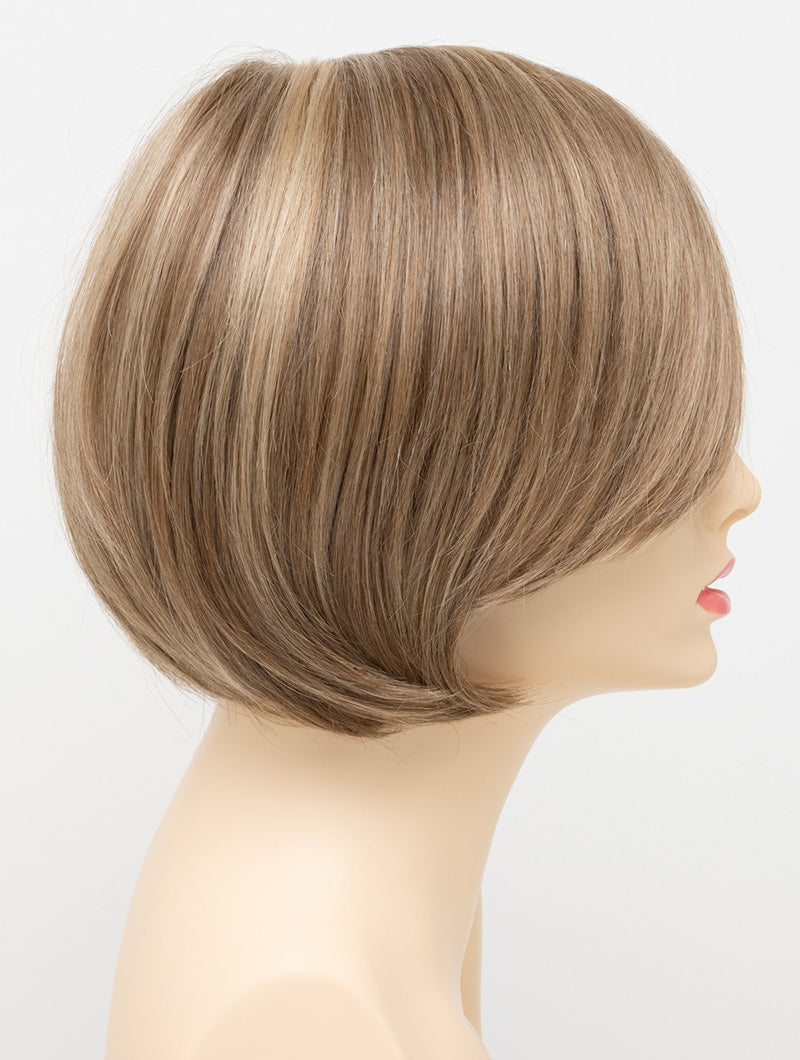 profile side of a short Kinner Beauty Wigs wig for woman on mannequin head 