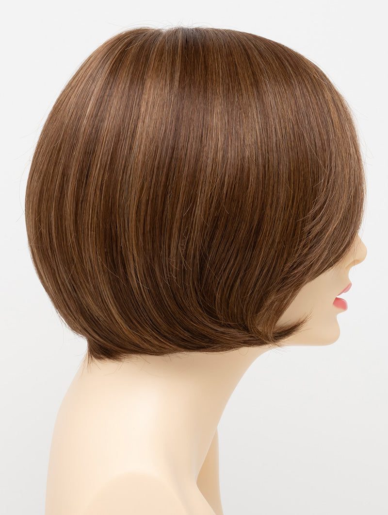 profile side of a short Kinner Beauty Wigs wig for woman on mannequin head 