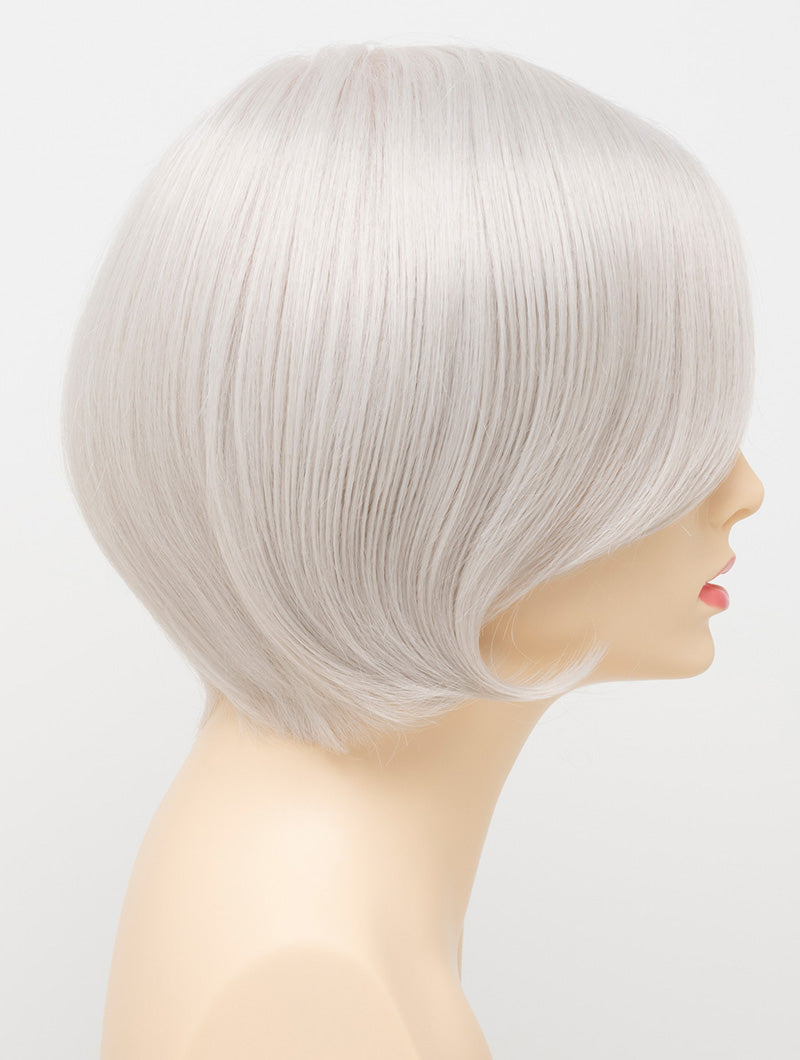 profile side of a short Kinner Beauty Wigs wig for woman on mannequin head 