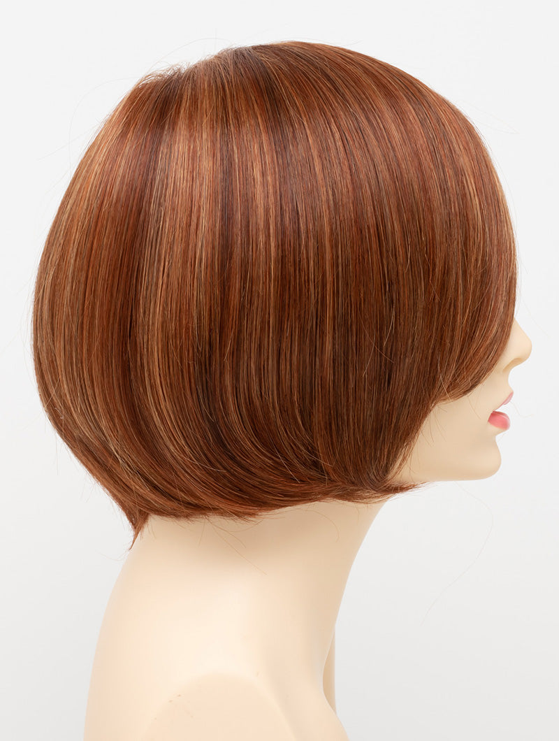 profile side of a short Kinner Beauty Wigs wig for woman on mannequin head 