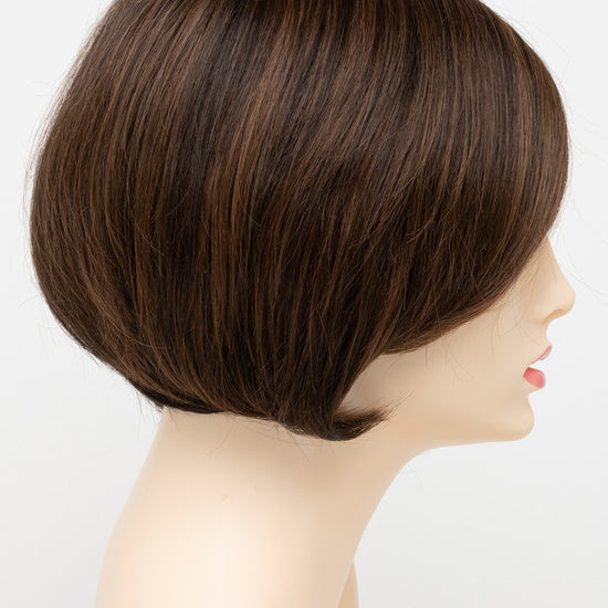 profile side of a short Kinner Beauty Wigs wig for woman on mannequin head 