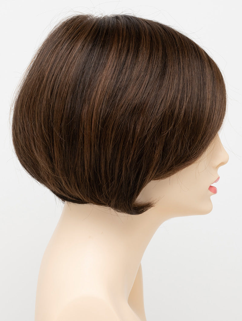 profile side of a short Kinner Beauty Wigs wig for woman on mannequin head 