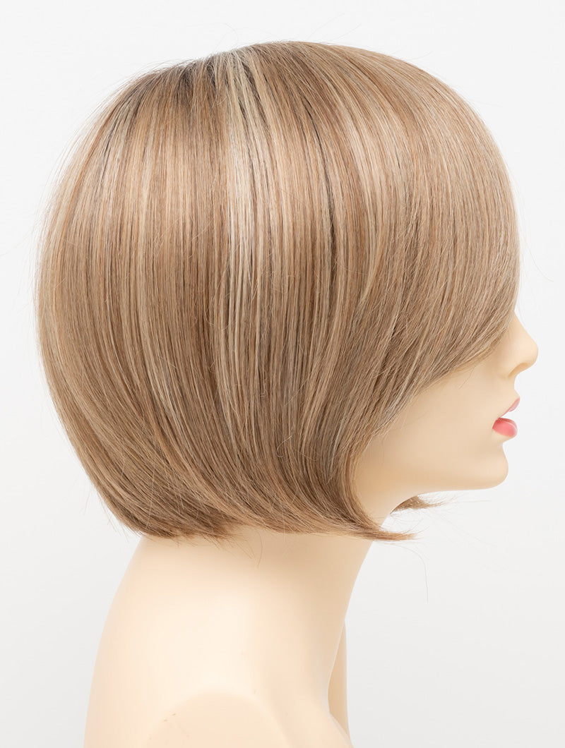 profile side of a short Kinner Beauty Wigs wig for woman on mannequin head 