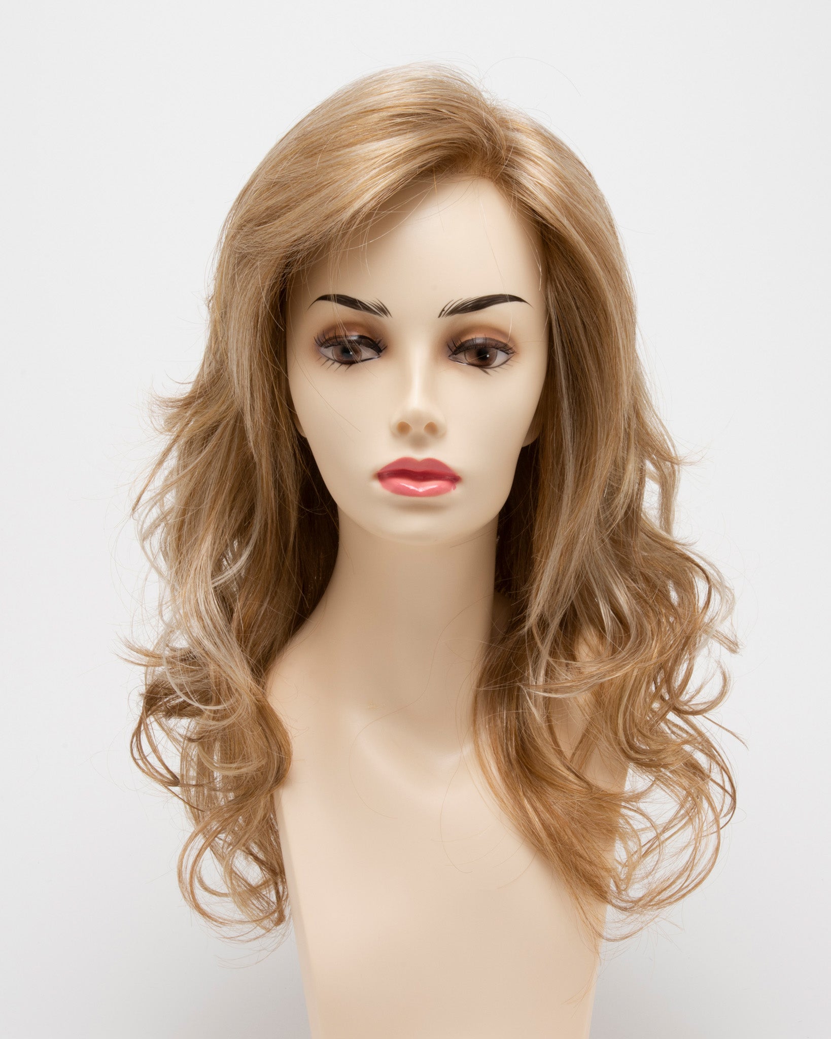 front side of a long Kinner Beauty Wigs wig for woman on mannequin head 